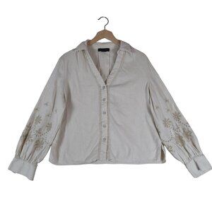 Tahari Linen Blend Embroidered Balloon Sleeve Blouse L Boho Cottagecore